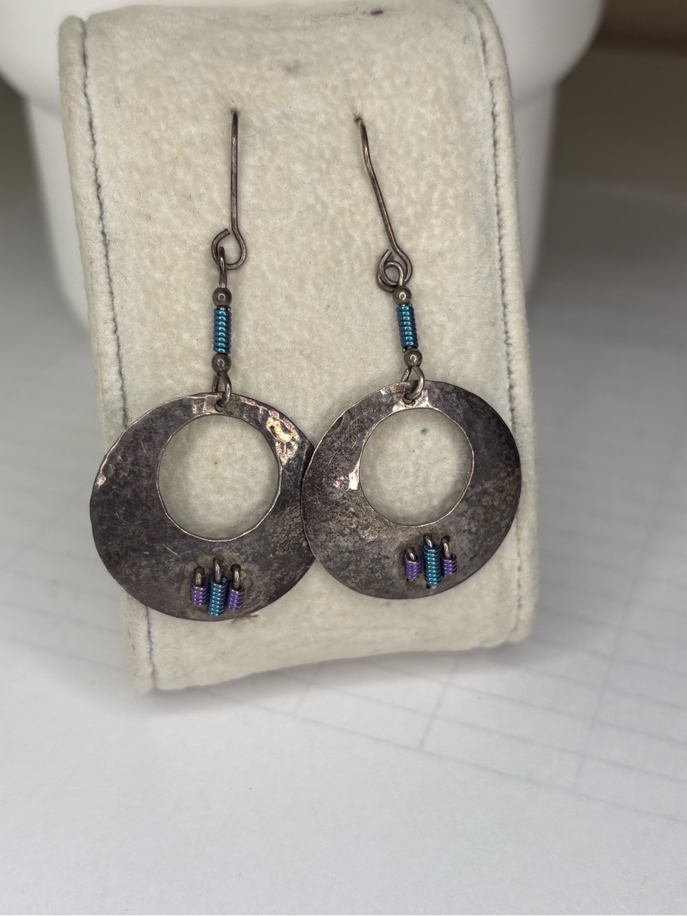 Vintage Artisan Hammered Crescent Dangle Earrings Mixed Metal Boho Chic